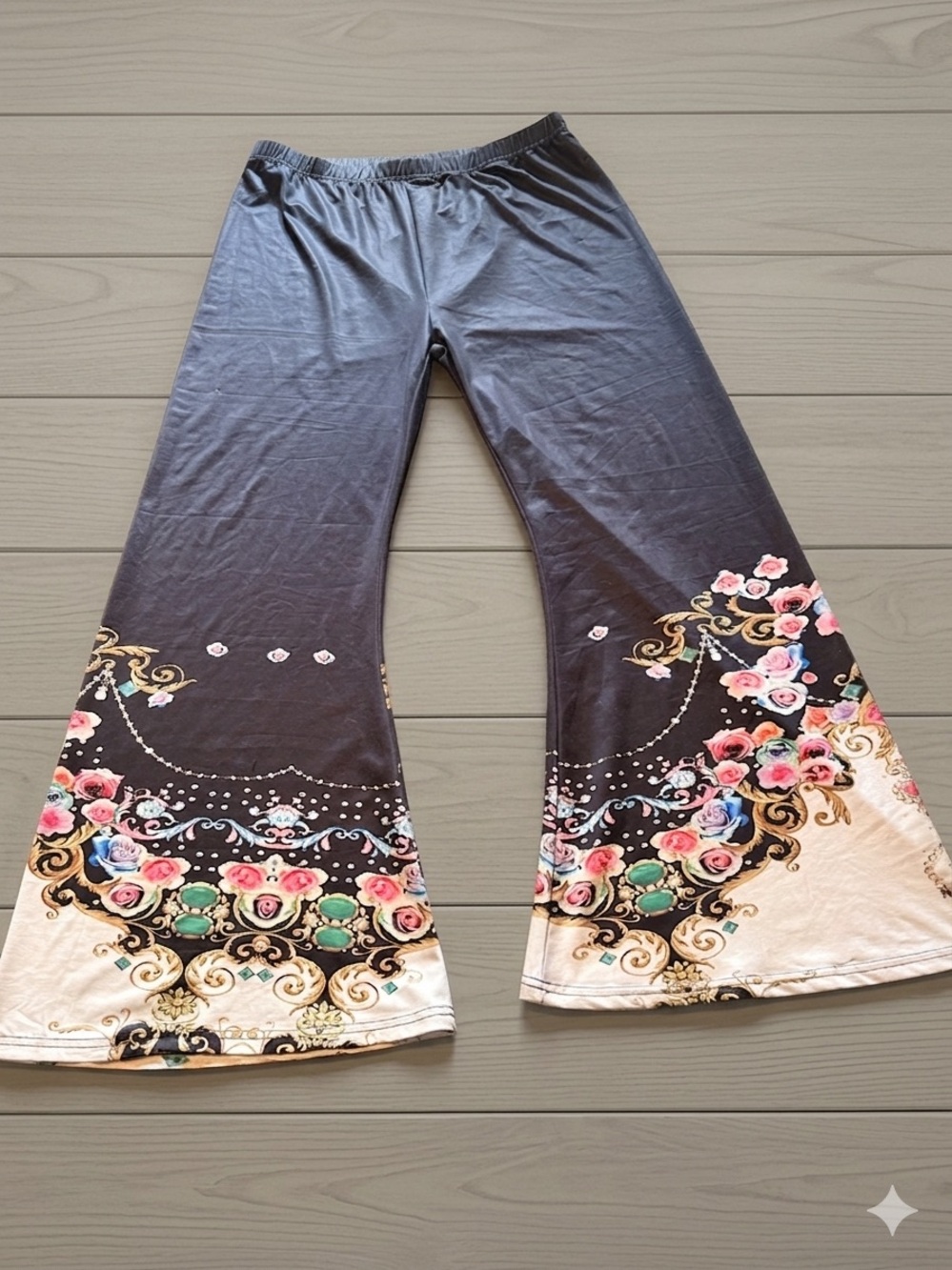 Boho Wide Leg Pants XXL Floral Baroque Print Lounge Stretch Palazzo